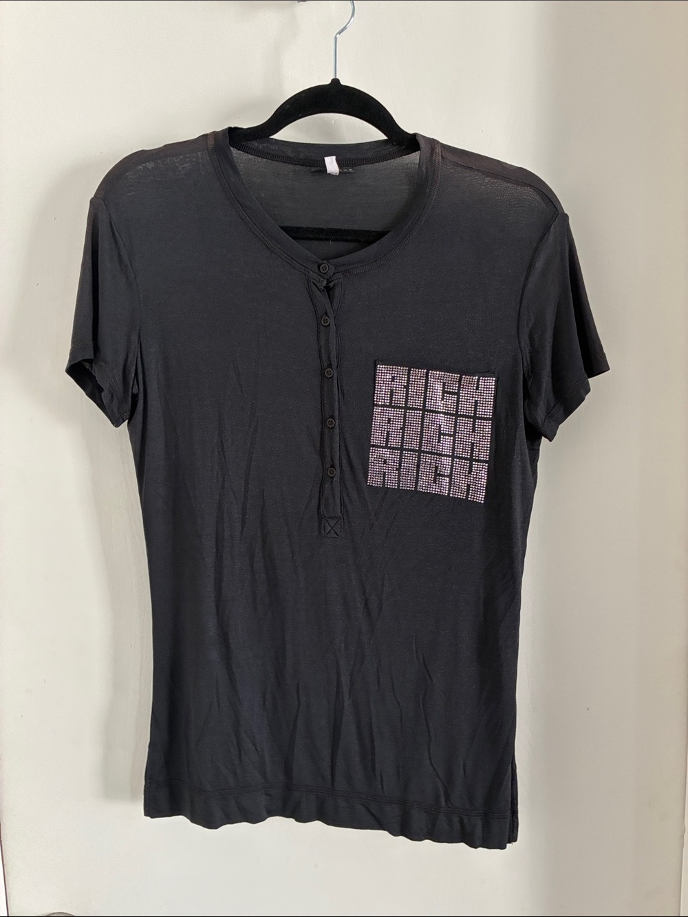 John richmond Black Short-Sleeve Henley with Rhinestone “rich” pocket Detail